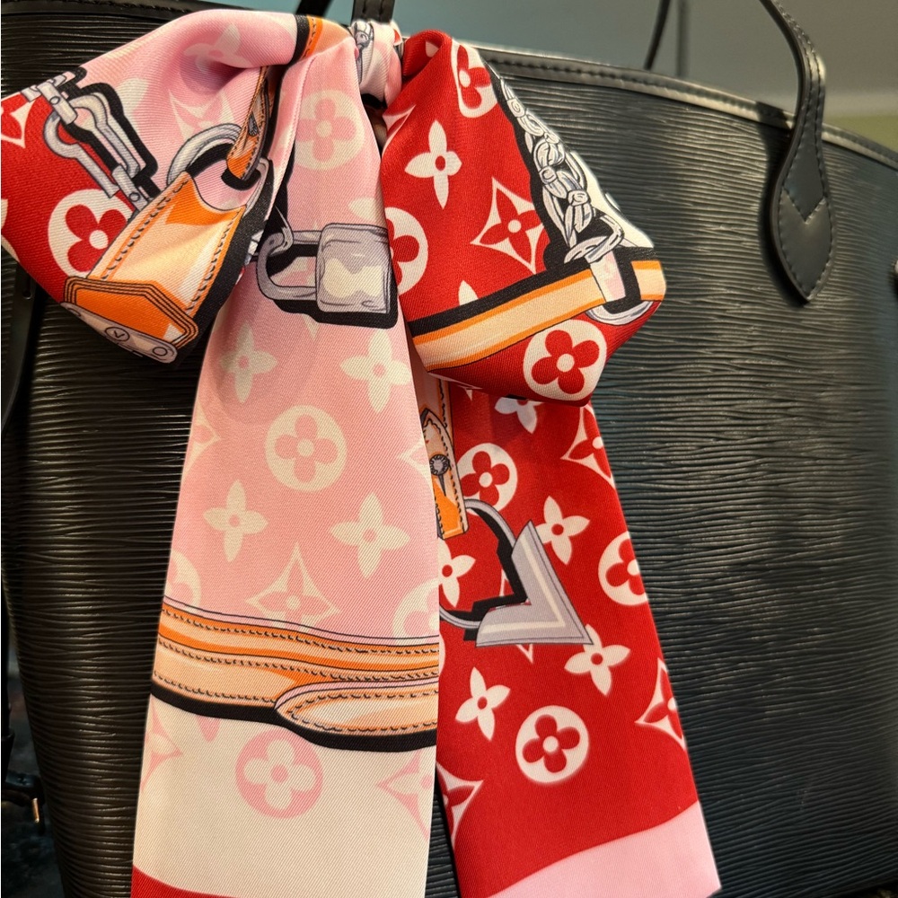 Luxury clover flower  red pink white Patterned Scarf LONG 44”  W 3” easy tie bag